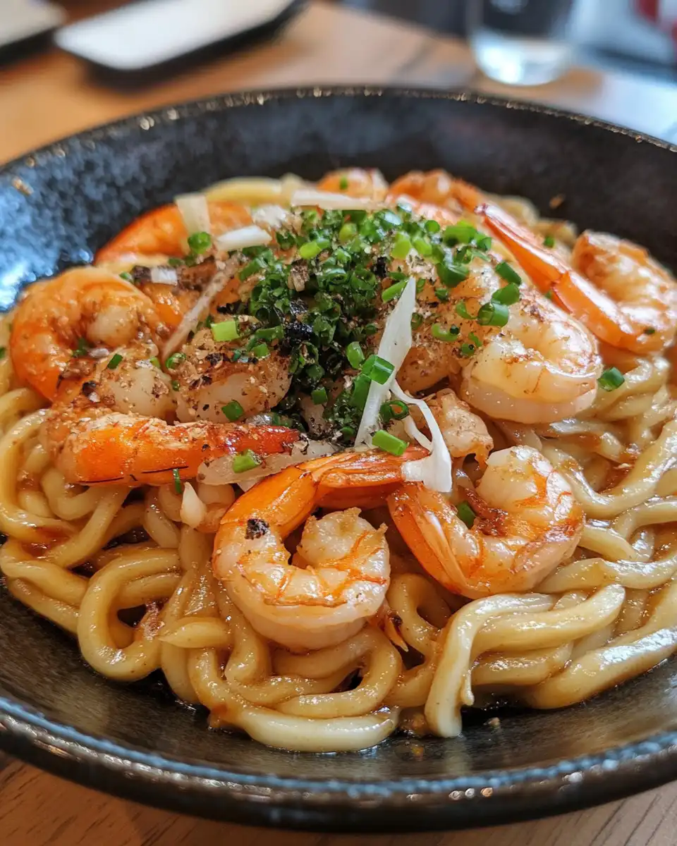 Final plated shrimp yaki udon ready to serve