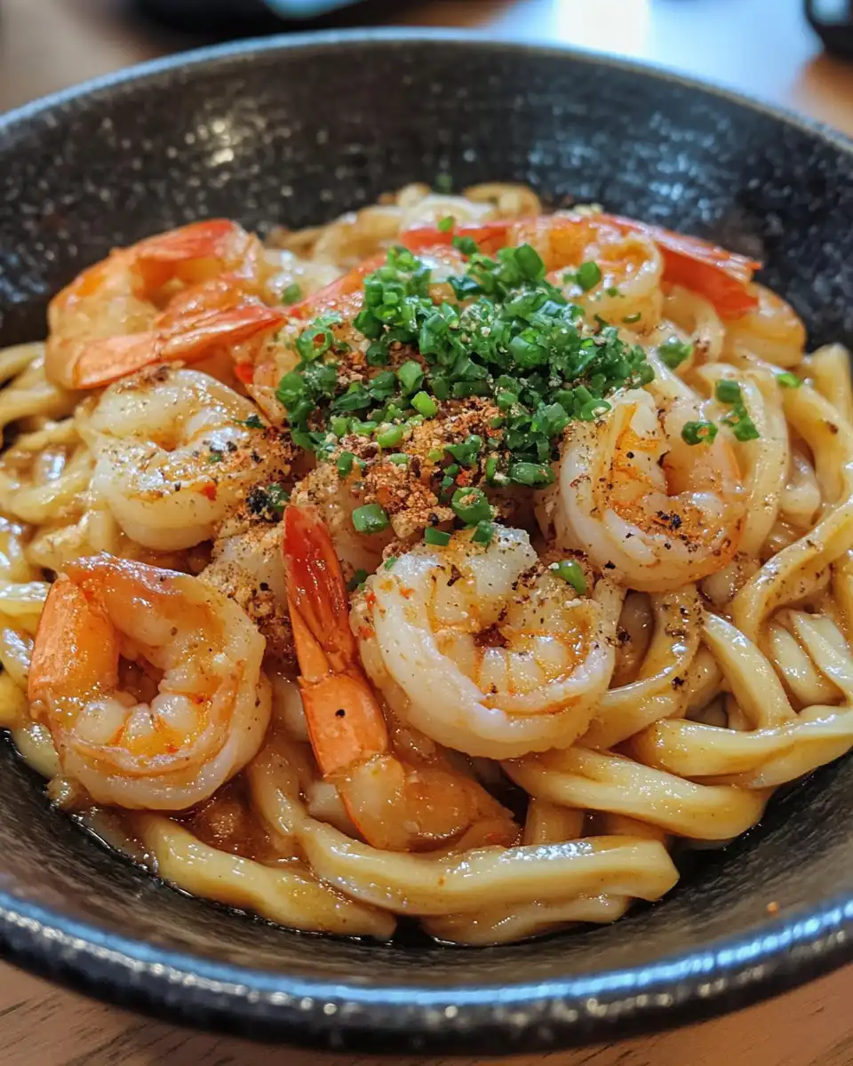 Steam curls rising from pressure cooker for shrimp yaki udon