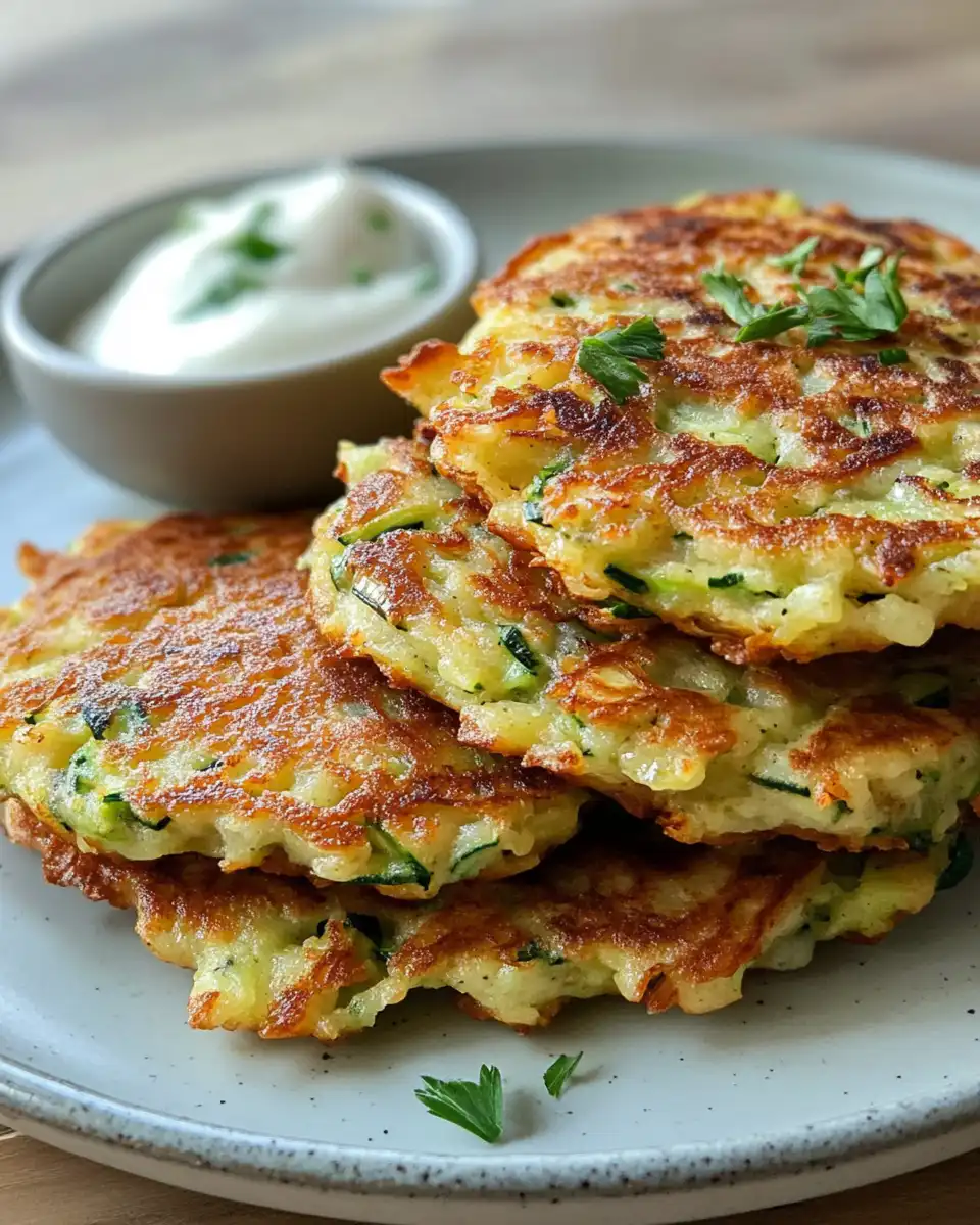 Close-up of golden crispy zucchini fritters served with sour cream and green onions