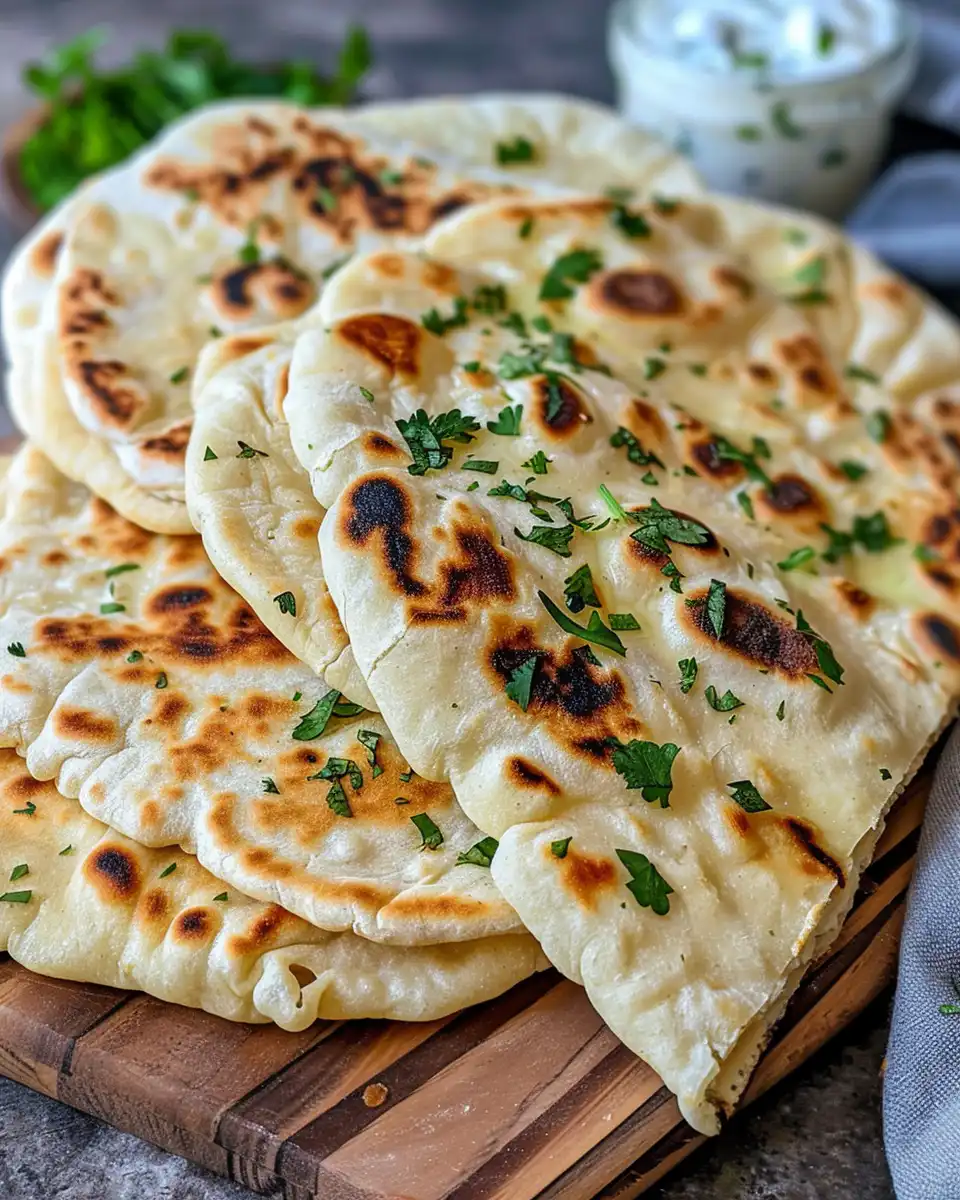Freshly cooked Greek yogurt naan in skillet