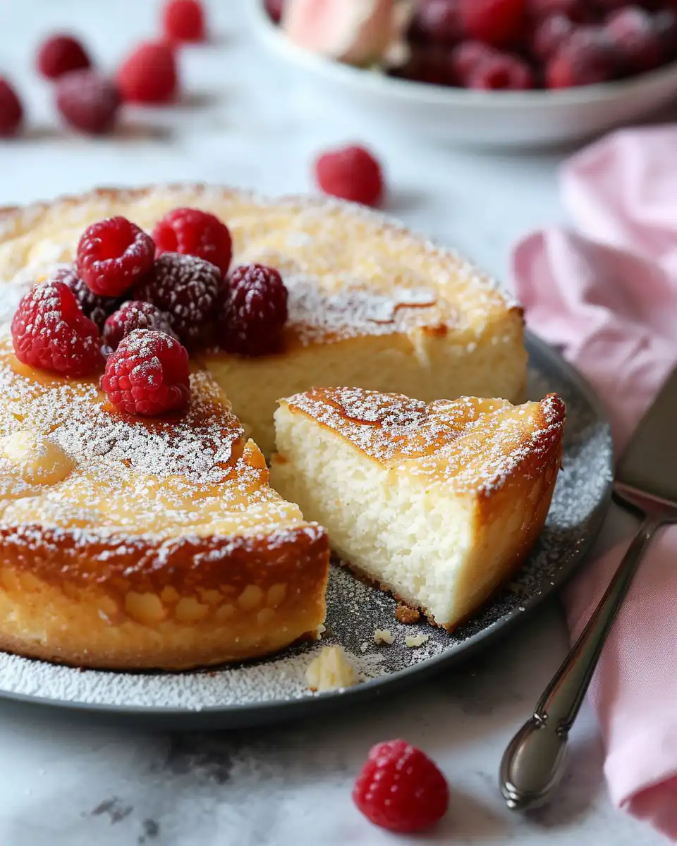 Slice of flourless yogurt cake served with whipped cream and berries