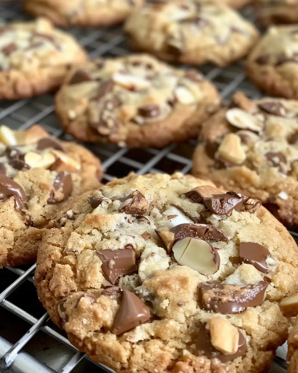 Ingredients for Almond Joy Cookies including flour, sugar, coconut, almonds, and chocolate chips