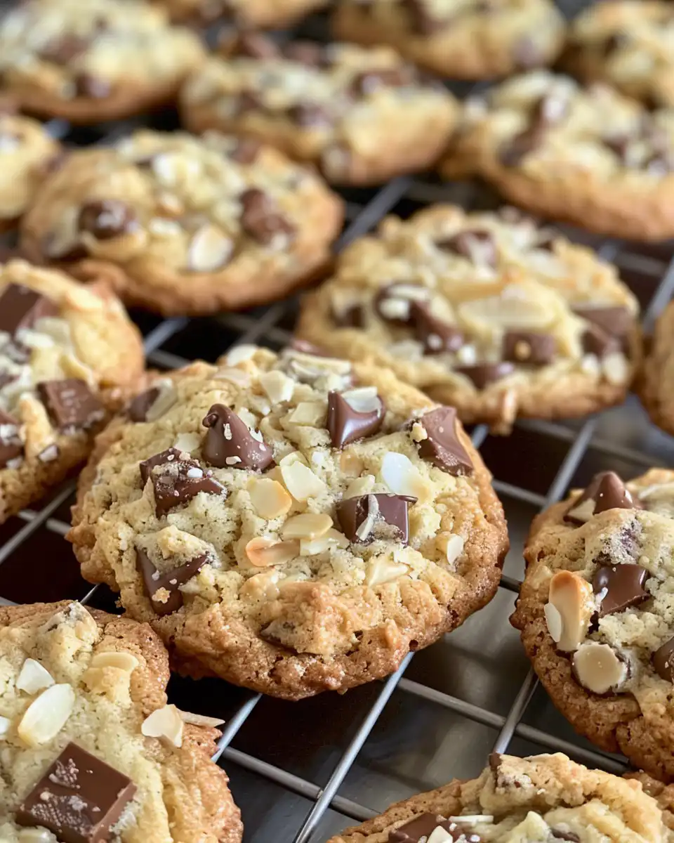 Close up of an Almond Joy Cookie showing gooey chocolate and coconut texture