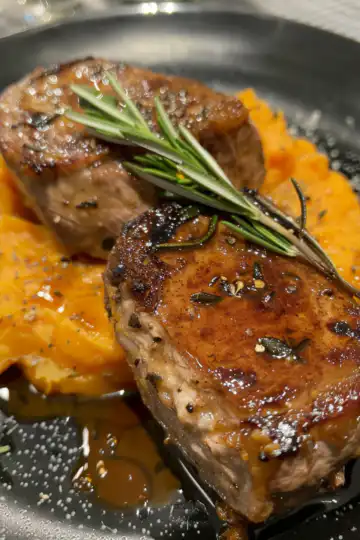 Apple Cider Pork with Mashed Sweet Potatoes taken with iphone 15 pro max --iw 2 --ar 4:5 --v 6.0 --raw