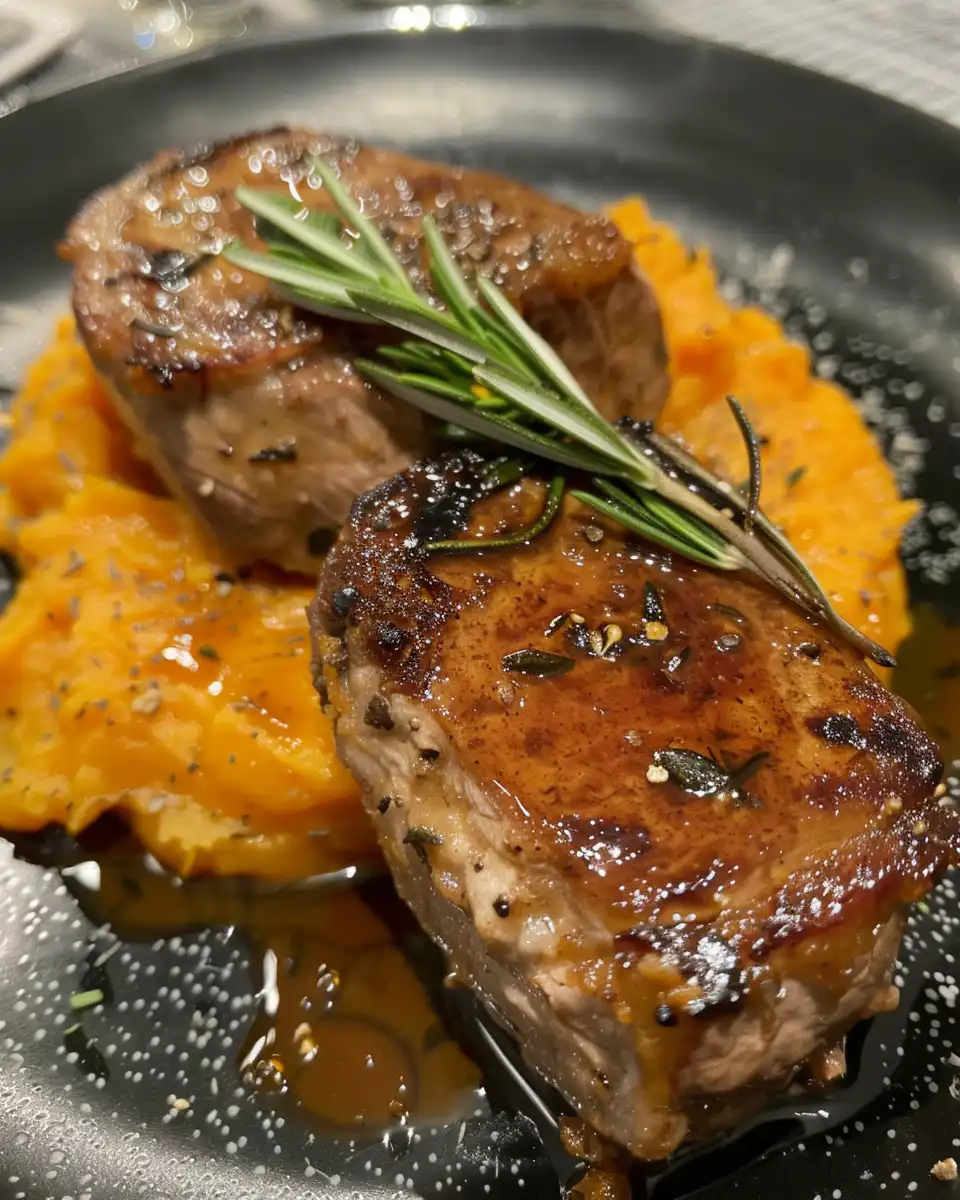 Apple cider pork with mashed sweet potatoes in serving bowl