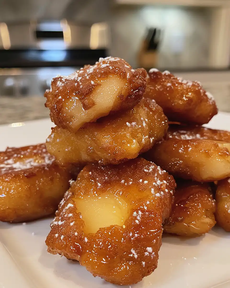 Finished apple fritter bites glazed with powdered sugar and drizzled with apple cider