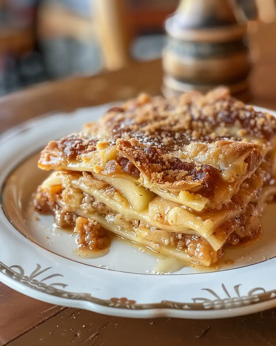 Served apple lasagna dessert with caramel drizzle and pecans on top