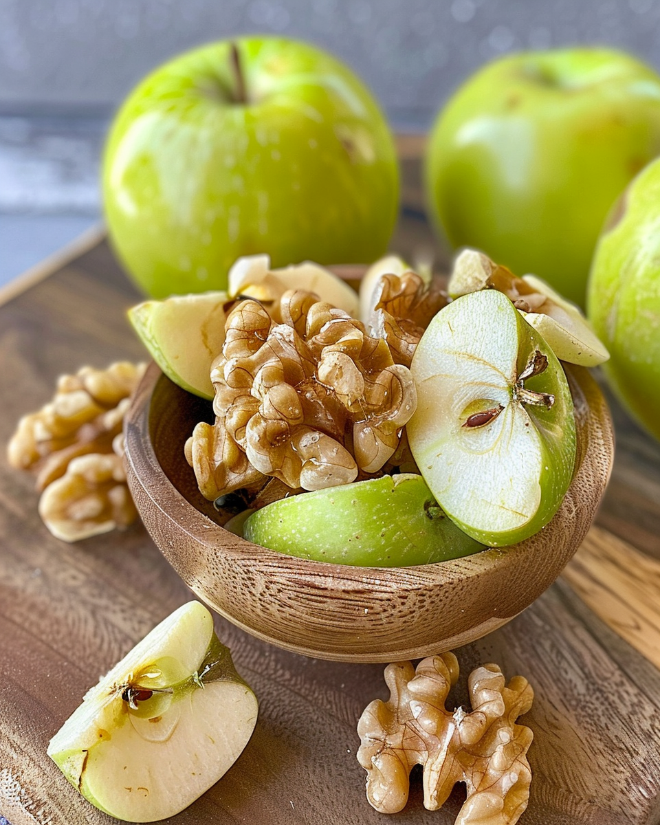 Fresh Apple-Walnut Charoset in a bowl showing texture and color