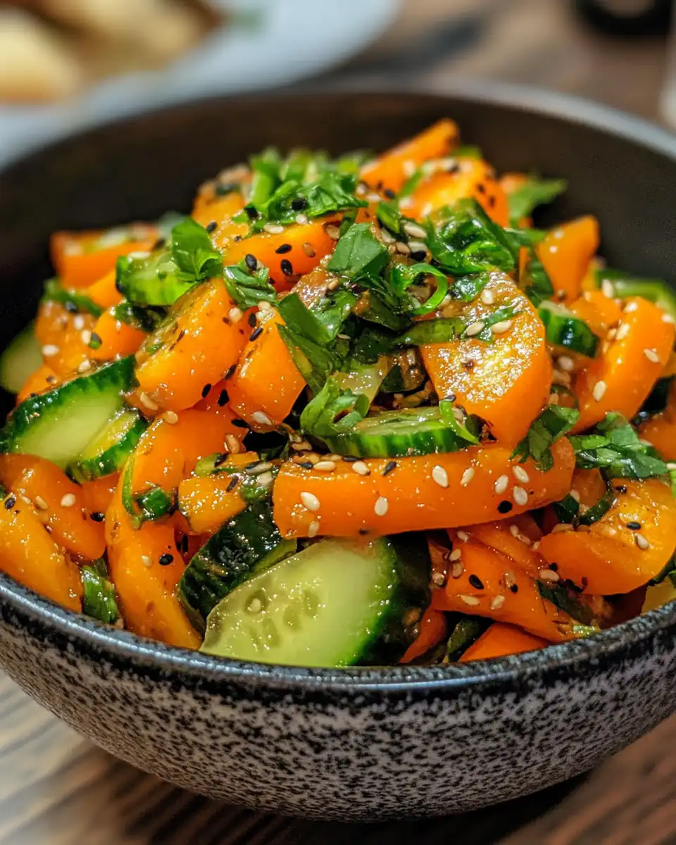 Finished Asian carrot and cucumber salad served fresh in bowl with sesame seeds