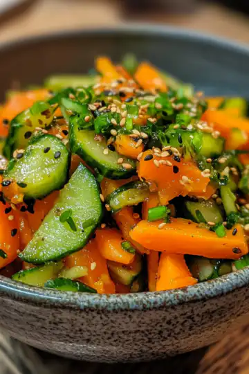 Asian Carrot & Cucumber Salad taken with iphone 15 pro max --iw 2 --ar 4:5 --v 6.1 --raw
