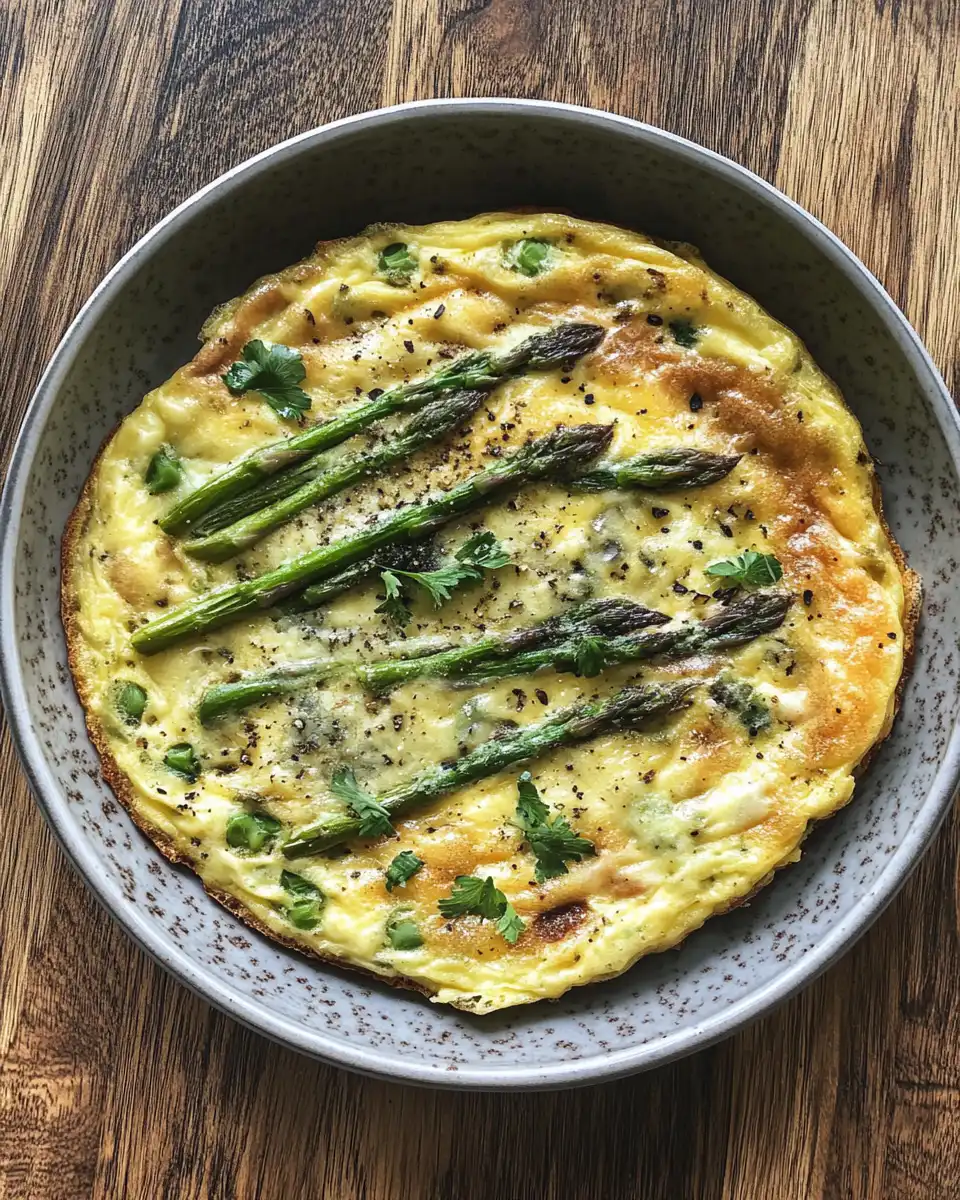 Close-up of vibrant asparagus frittata just cooked