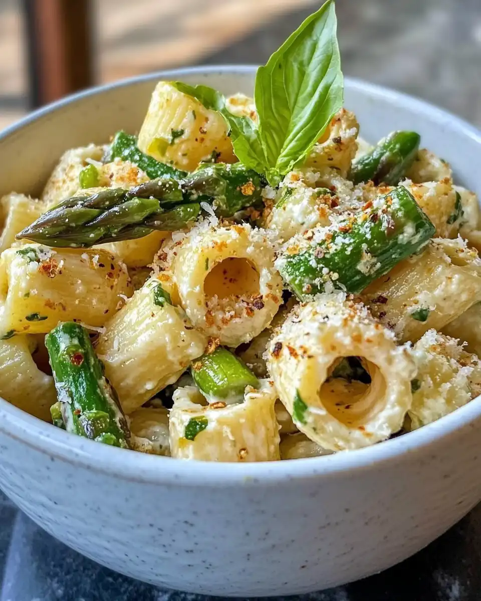 Close-up of cooked pasta with asparagus