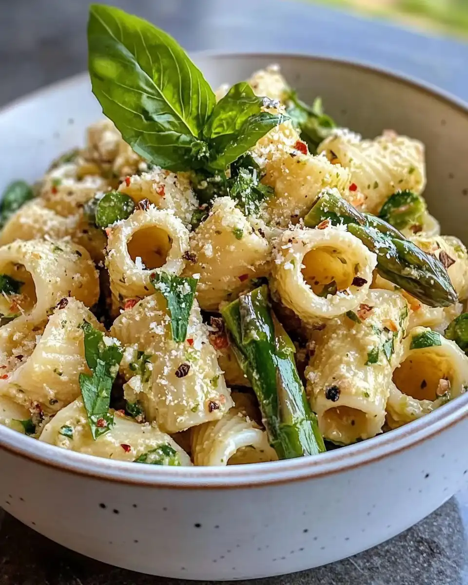 Finished asparagus pasta salad ready to enjoy