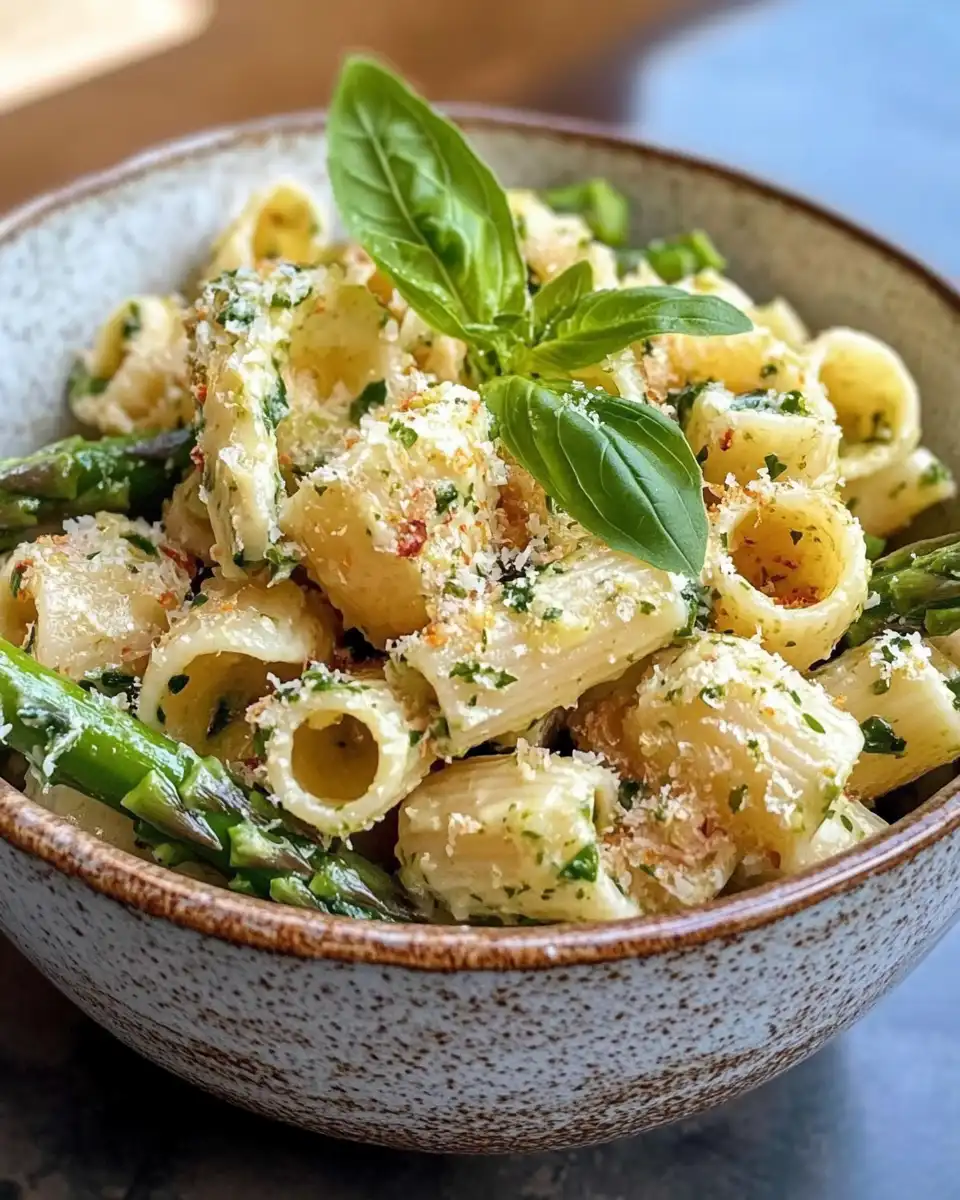 Fresh asparagus pasta salad with vibrant colors