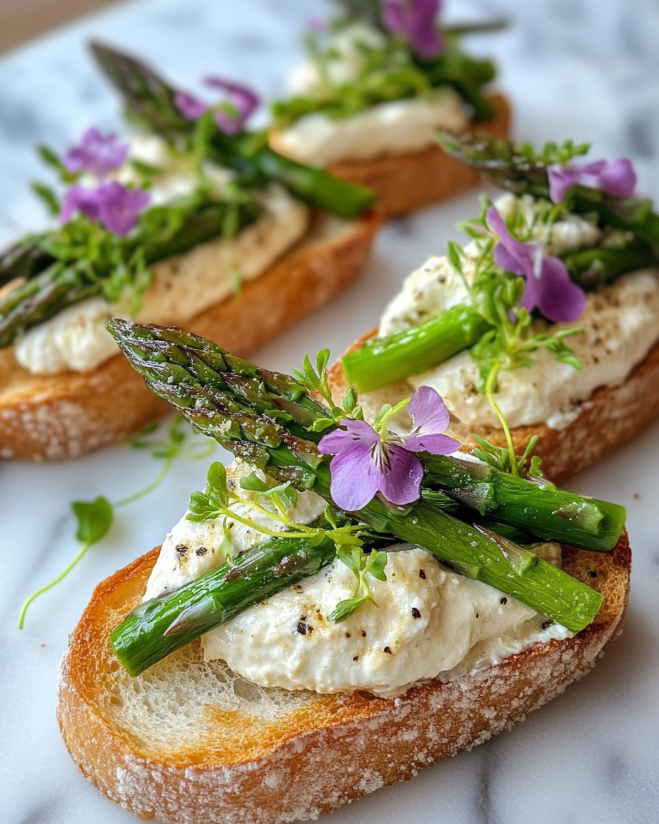 Close-up of asparagus crostini being enjoyed