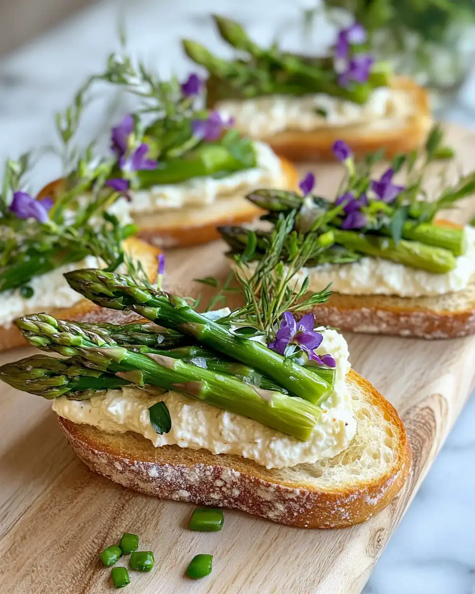 Close-up of asparagus ribbon crostini ready to serve
