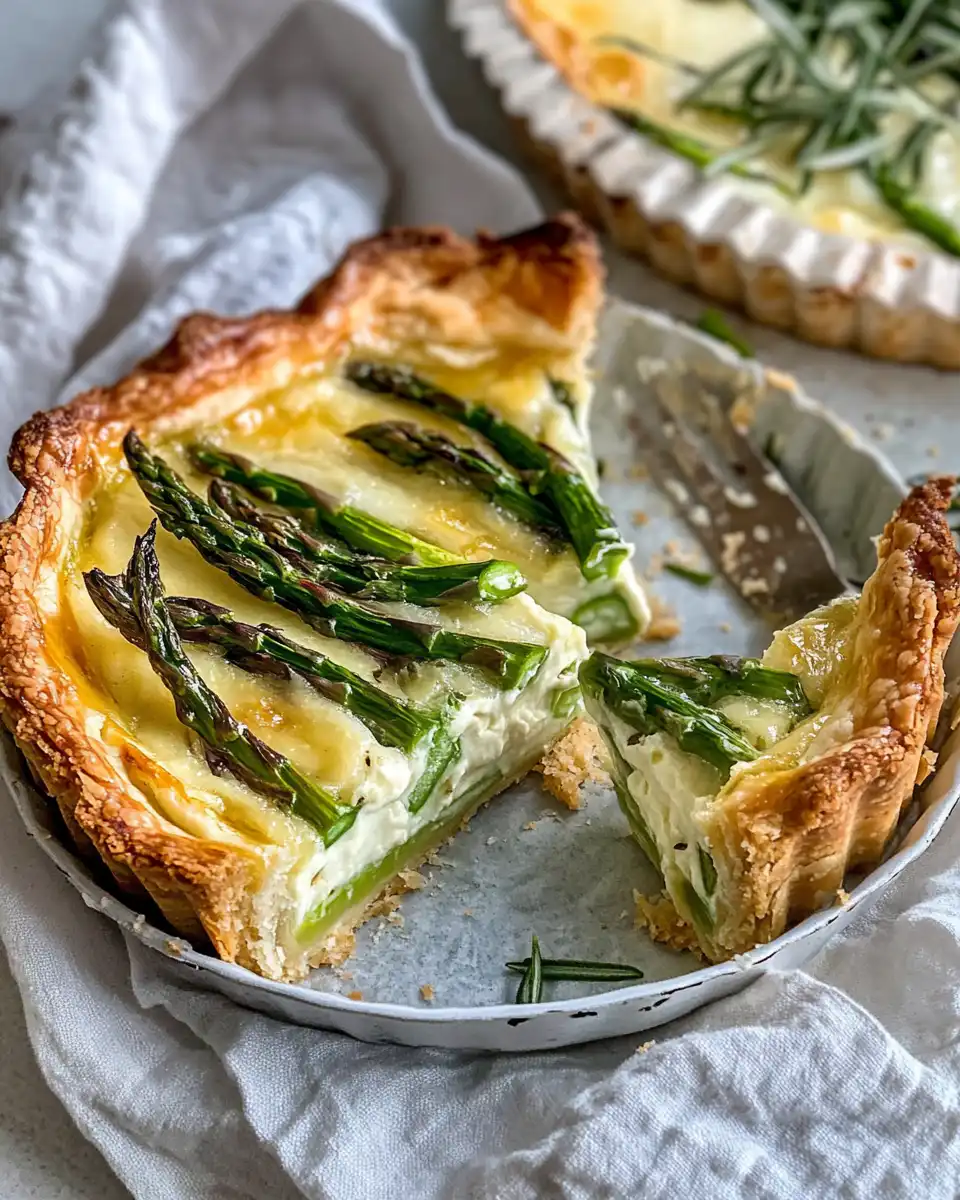 Close-up of a golden baked asparagus tart