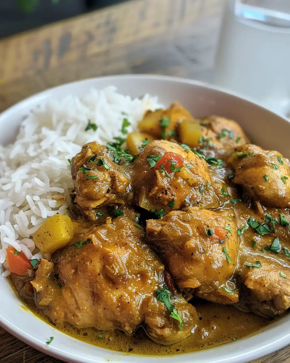 Close up of finished authentic Jamaican curry chicken with rich sauce and potatoes