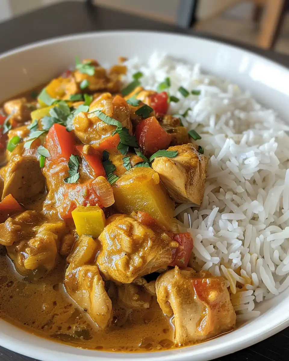 Served Jamaican curry chicken with rice on plate