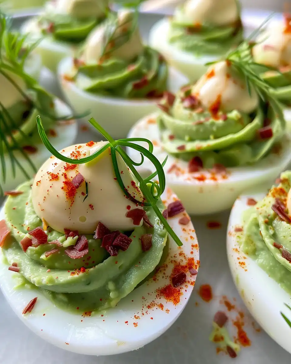 Close-up of filled avocado deviled eggs with garnishes