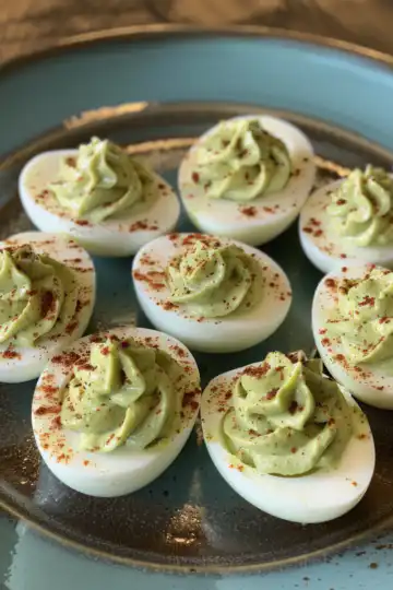 Avocado deviled eggs taken with iphone 15 pro max --iw 2 --ar 4:5 --v 6.0 --raw