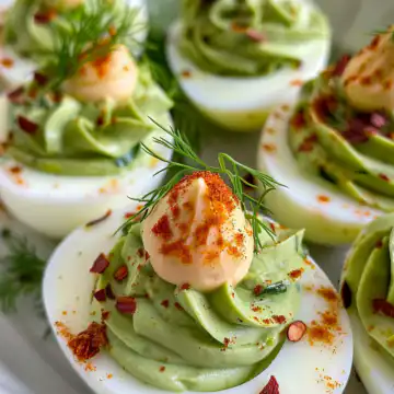 Avocado deviled eggs taken with iphone 15 pro max --iw 2 --ar 4:5 --v 6.0 --raw