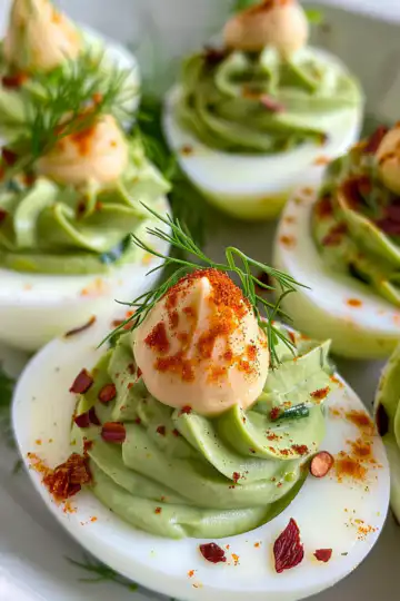 Avocado deviled eggs taken with iphone 15 pro max --iw 2 --ar 4:5 --v 6.0 --raw