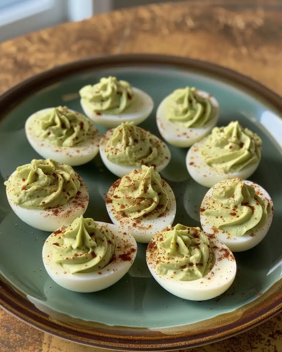 Finished avocado deviled eggs plated and ready to serve