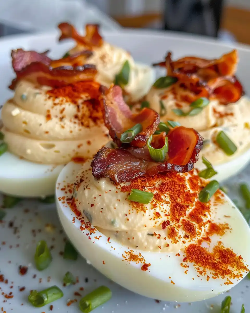 Plated bacon deviled eggs with paprika and crispy bacon on top