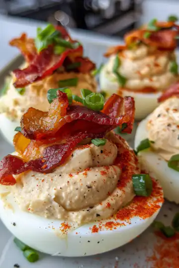 Bacon deviled eggs taken with iphone 15 pro max --iw 2 --ar 4:5 --v 6.0 --raw