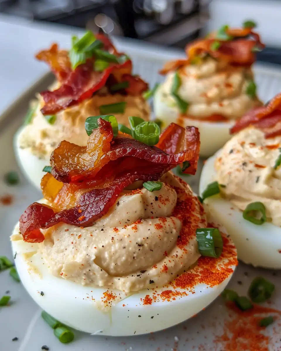 Close-up of bacon topped deviled eggs fresh from pressure cooker