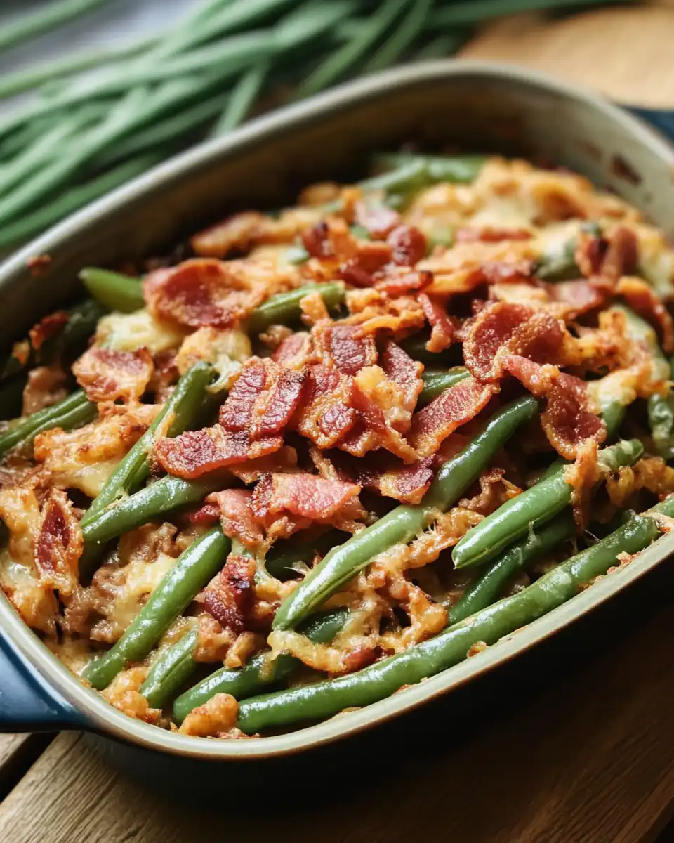 Final presentation of bacon and green bean casserole
