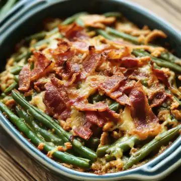 Bacon green bean casserole taken with iphone 15 pro max --iw 2 --ar 4:5 --v 6.1 --raw