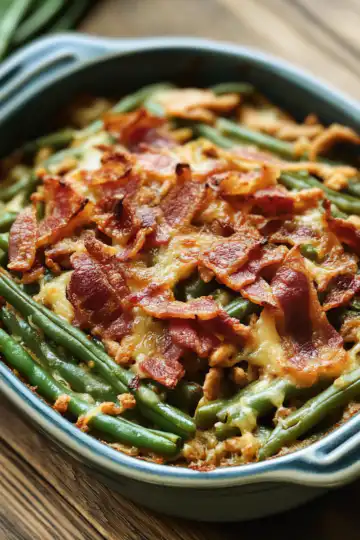 Bacon green bean casserole taken with iphone 15 pro max --iw 2 --ar 4:5 --v 6.1 --raw
