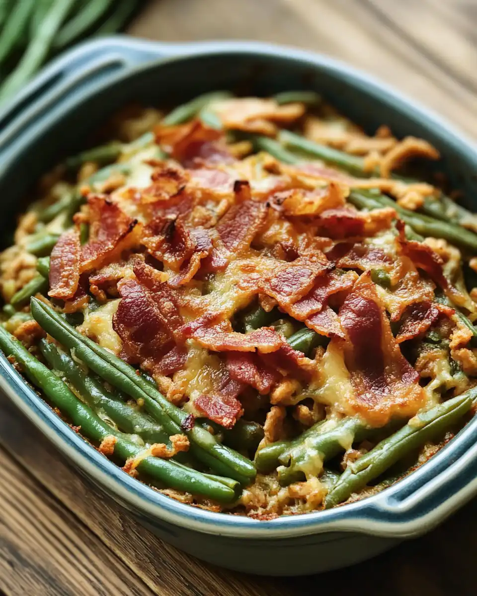 Close-up of bacon and green beans casserole