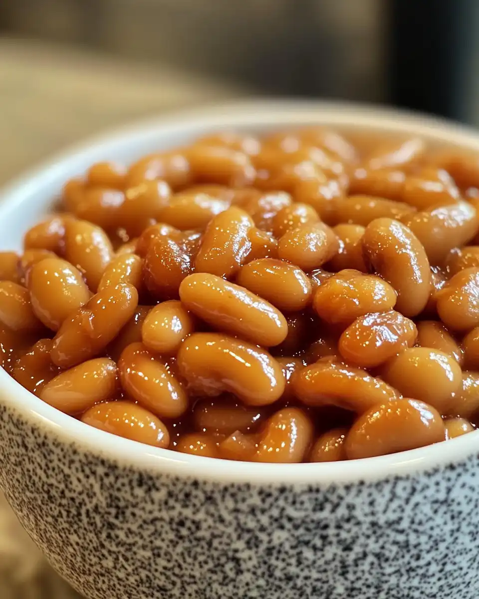 Finished pressure cooker baked beans served hot in bowl