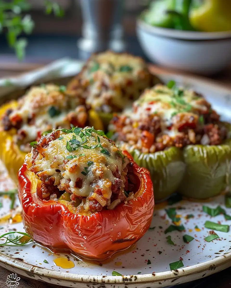 Finished Italian stuffed bell peppers with melted cheese on top served