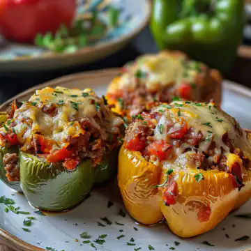 Baked Italian Stuffed Bell Peppers taken with iphone 15 pro max --iw 2 --ar 4:5 --v 6.0 --raw