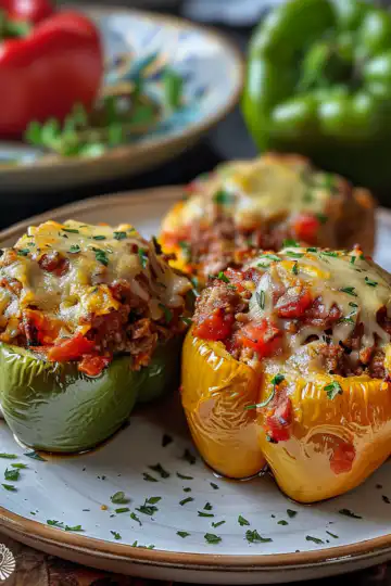 Baked Italian Stuffed Bell Peppers taken with iphone 15 pro max --iw 2 --ar 4:5 --v 6.0 --raw