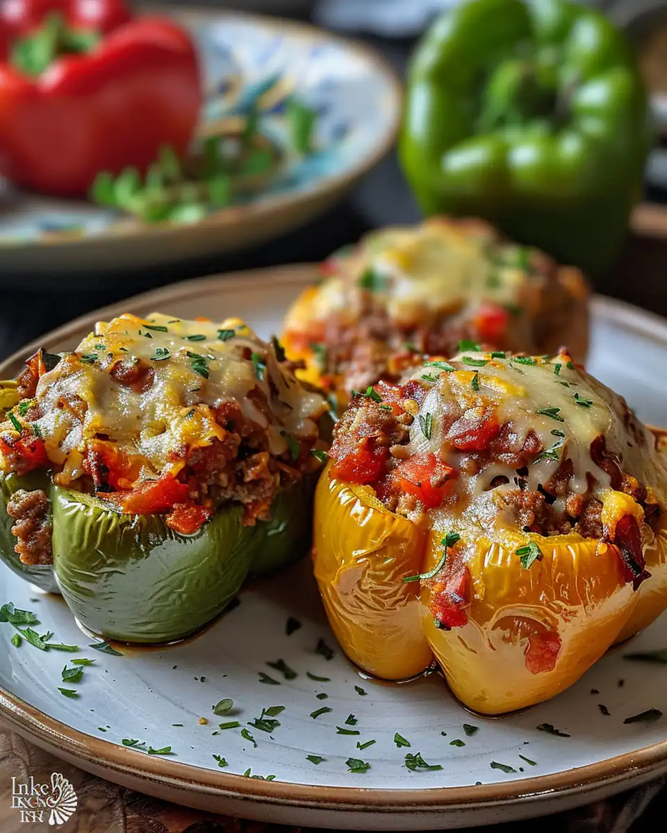 Close-up of stuffed bell peppers cooking in pressure cooker