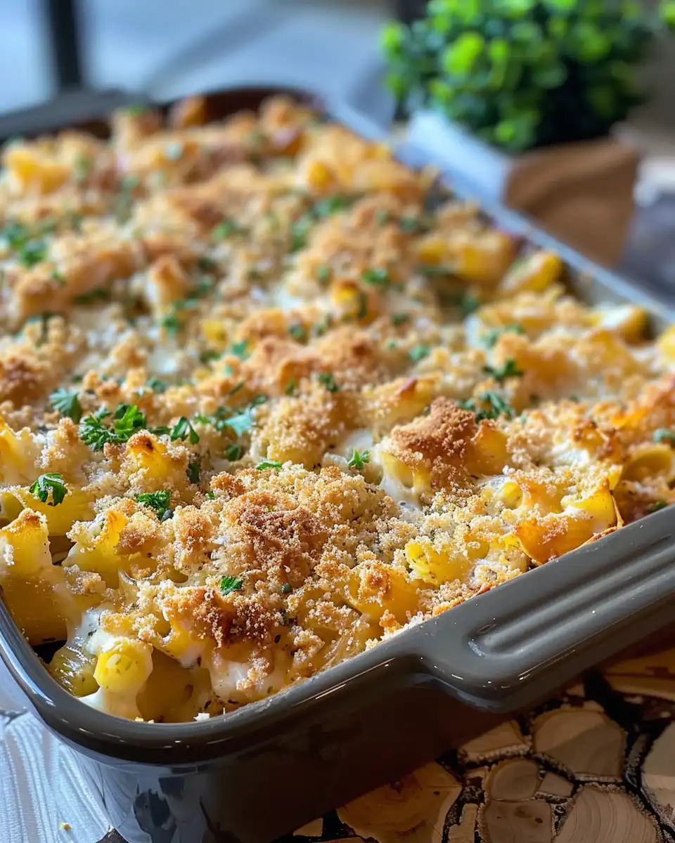 Finished shipwreck casserole ready to be served warm