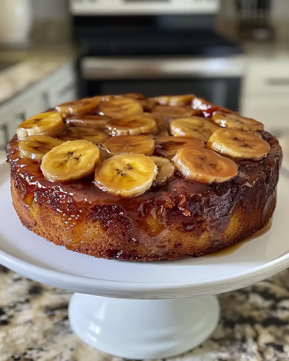 Finished Caramelized Banana Upside Down Cake served on a plate