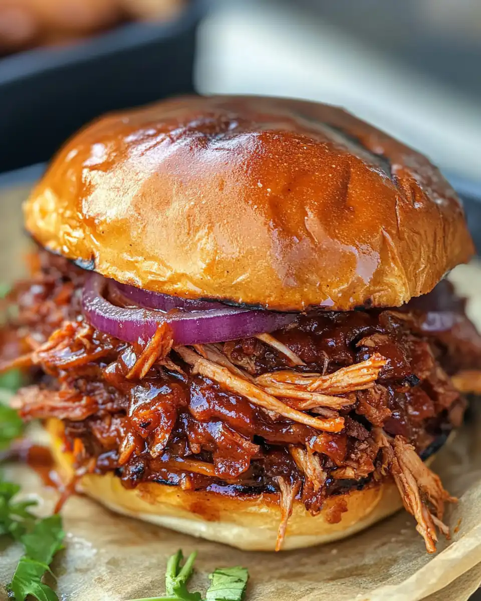 Final shot of BBQ chicken served on a bun