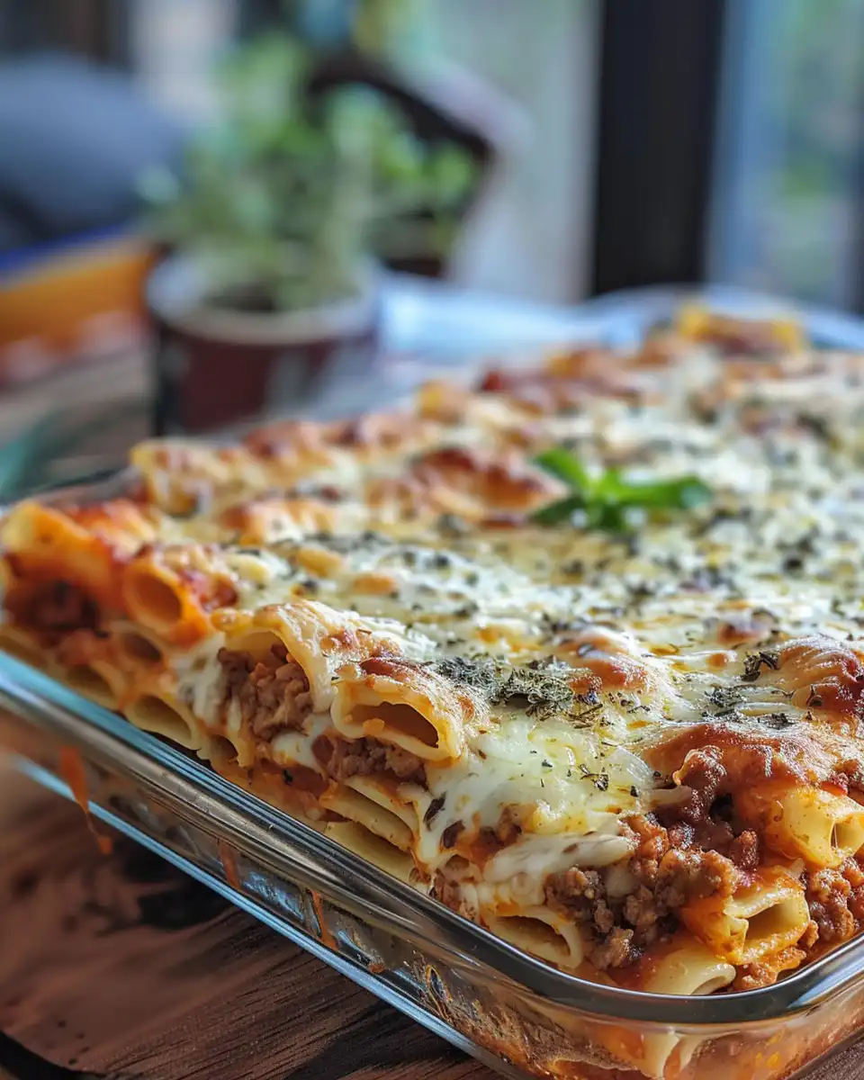Ingredients for beef baked ziti including pasta, cheese, garlic and marinara