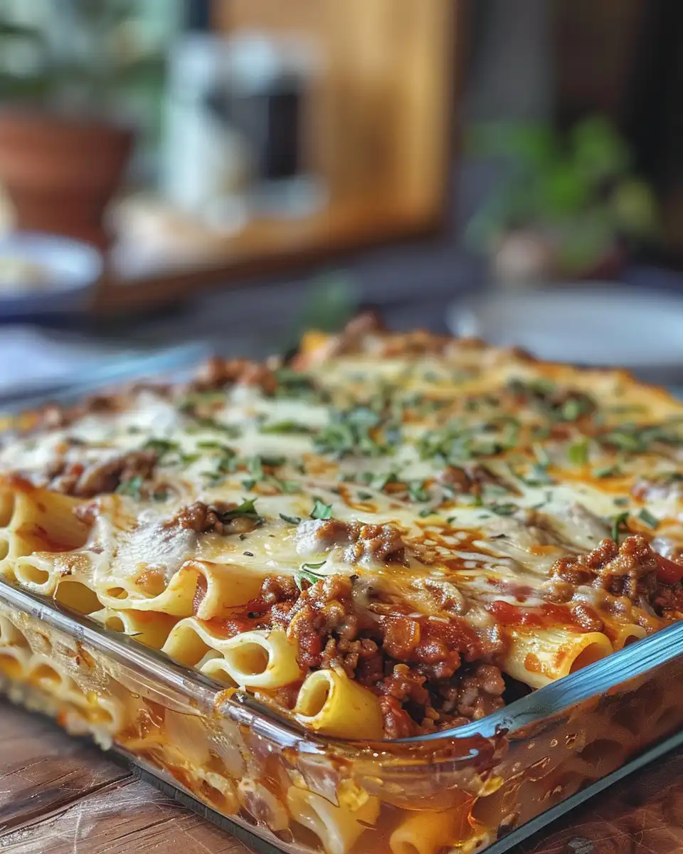 Cheesy baked ziti with browned mozzarella and Parmesan topping