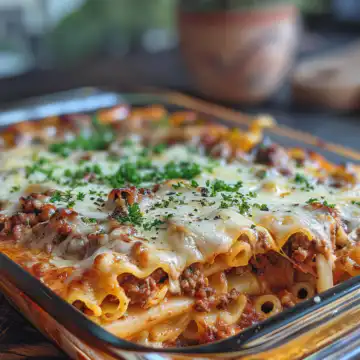 Beef baked ziti taken with iphone 15 pro max --iw 2 --ar 4:5 --v 6.0 --raw