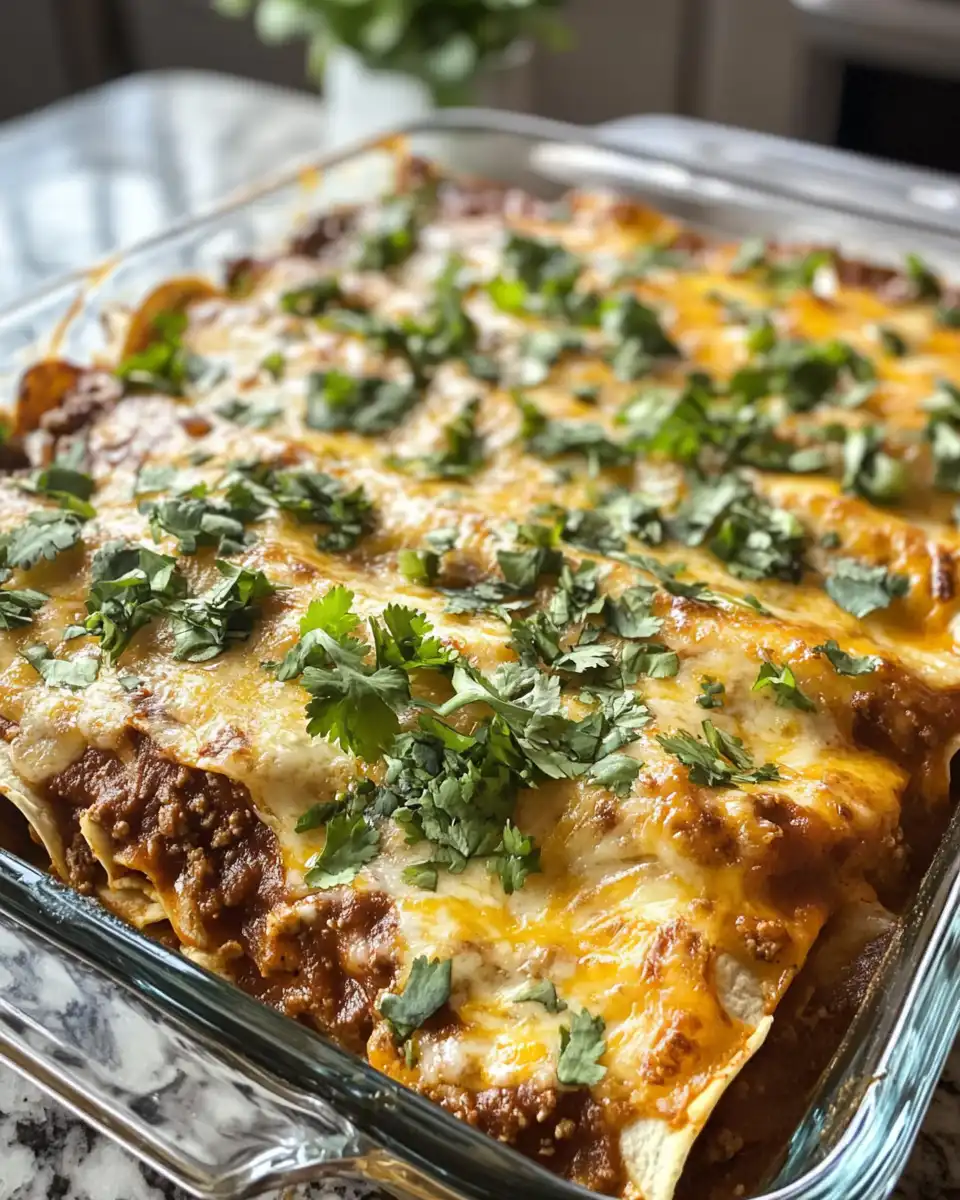 A juicy beef enchilada casserole topped with cheese