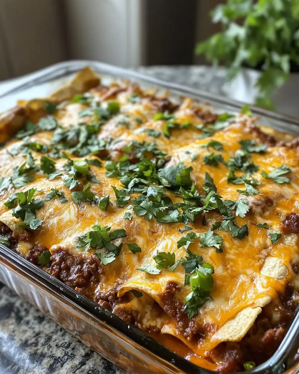 Served beef enchilada casserole on a plate
