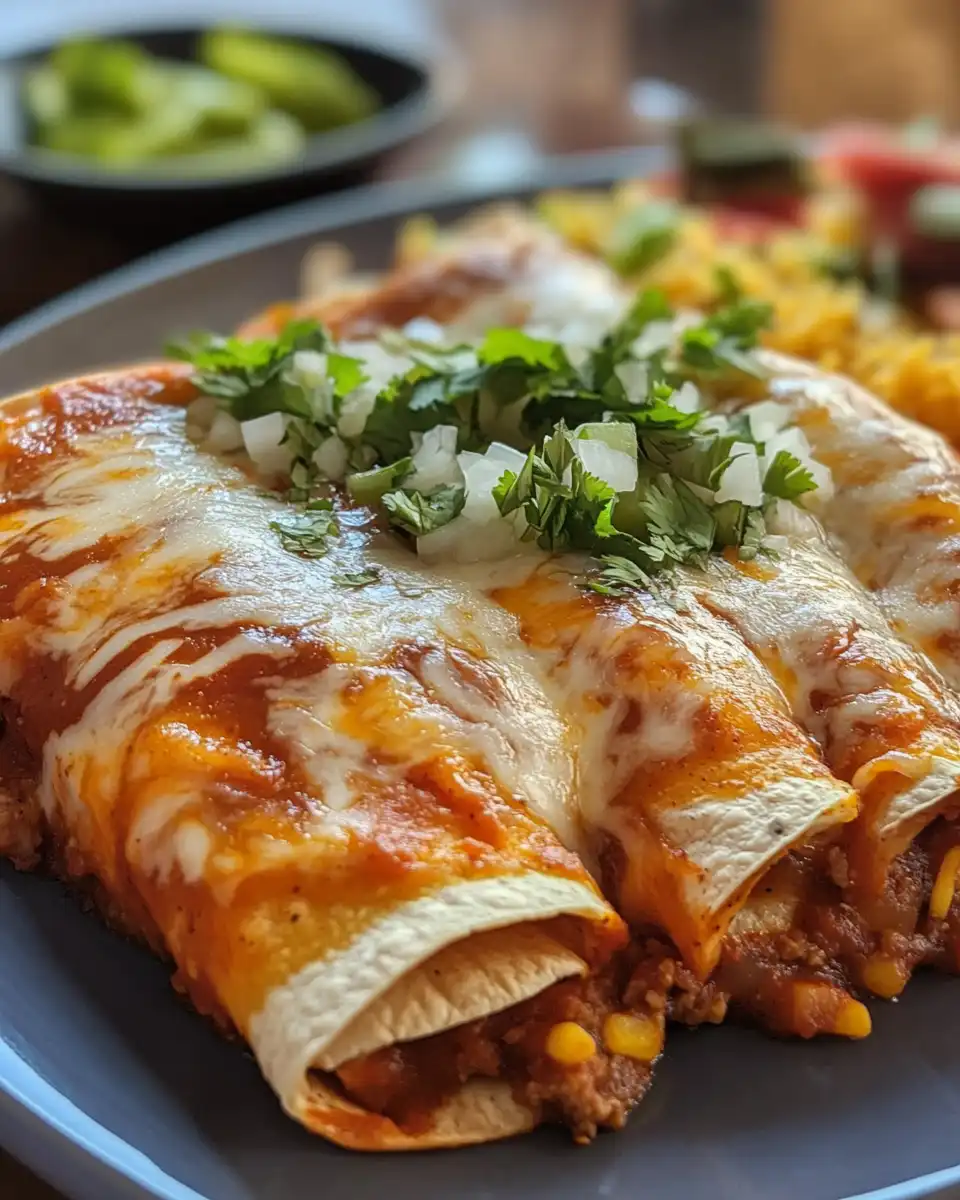 Close-up of beef enchiladas showing cheesy layers