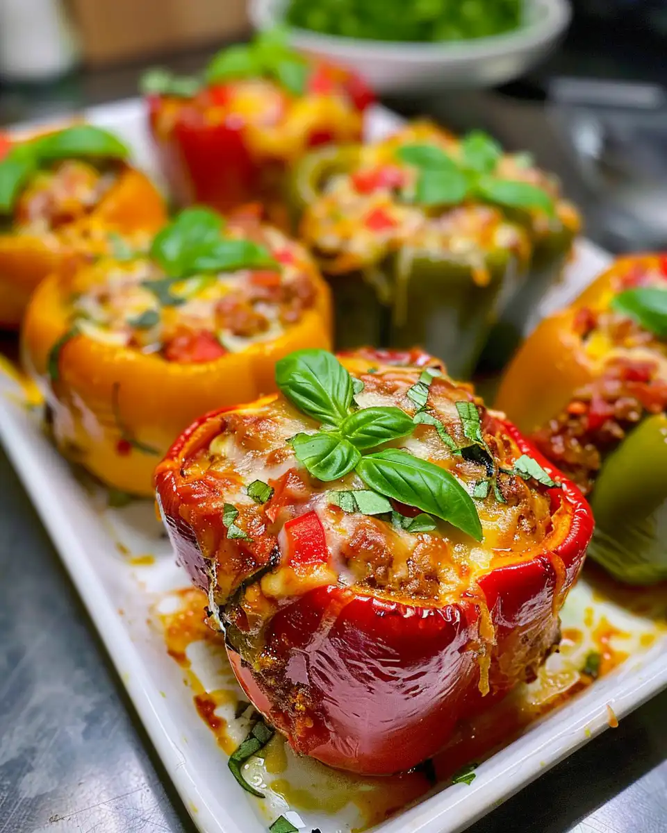 Ingredients for stuffed bell peppers including mozzarella and brown rice